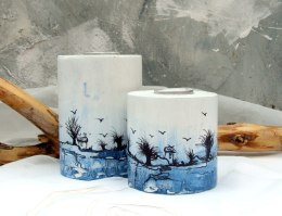 2 drewniane świeczniki, biało-niebieskie