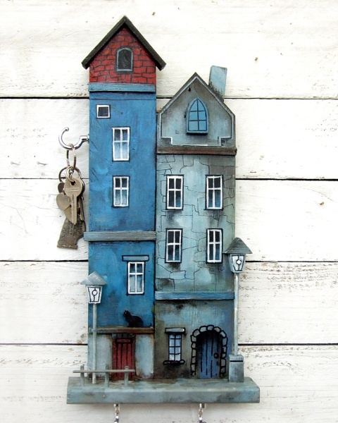 Drewniany wieszak na klucze - Niebieska Kamienica