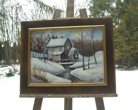 Młyn na Roztoczu - obraz olejny na płótnie, w drewnianej ramie