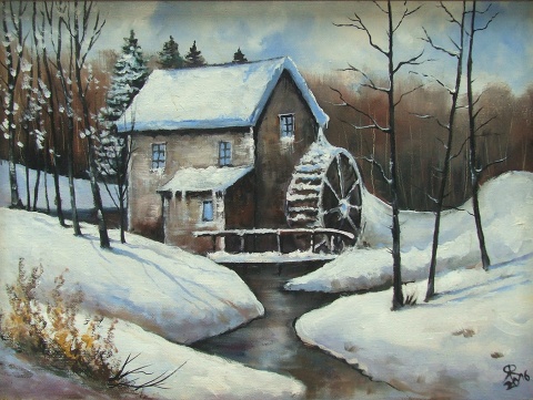 Młyn na Roztoczu - obraz olejny na płótnie, w drewnianej ramie