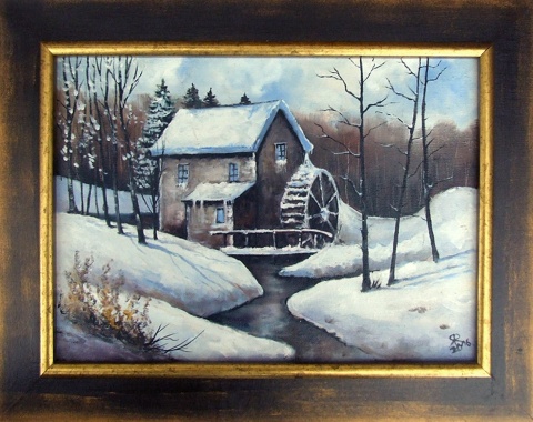 Młyn na Roztoczu - obraz olejny na płótnie, w drewnianej ramie