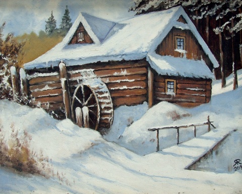 Młyn nad Potokiem - obraz olejny na płótnie, w drewnianej ramie