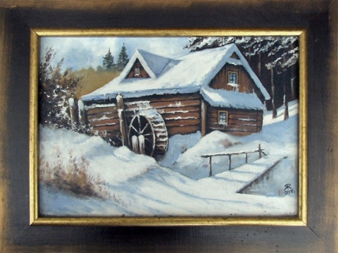 Młyn nad Potokiem - obraz olejny na płótnie, w drewnianej ramie