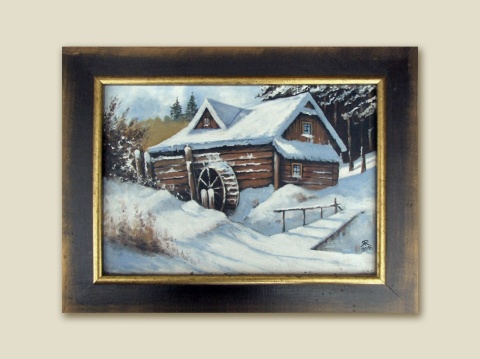 Młyn nad Potokiem - obraz olejny na płótnie, w drewnianej ramie