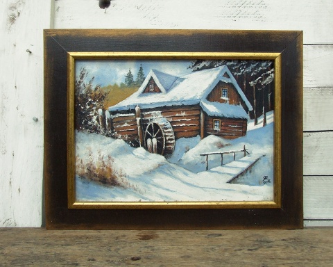 Młyn nad Potokiem - obraz olejny na płótnie, w drewnianej ramie