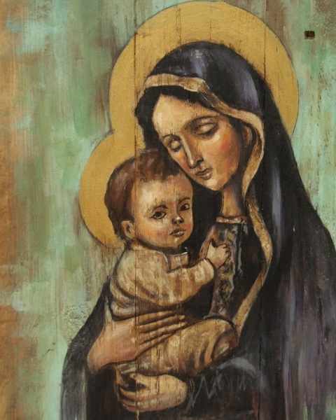 Obraz malowany na starych deskach - Madonna z Dzieciątkiem Obraz malowany na starych deskach - Madonna z Dzieciątkiem