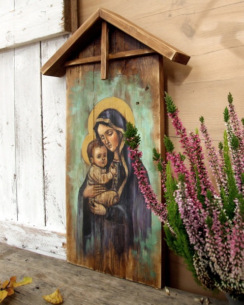 Obraz malowany na starych deskach - Madonna z Dzieciątkiem Obraz malowany na starych deskach - Madonna z Dzieciątkiem