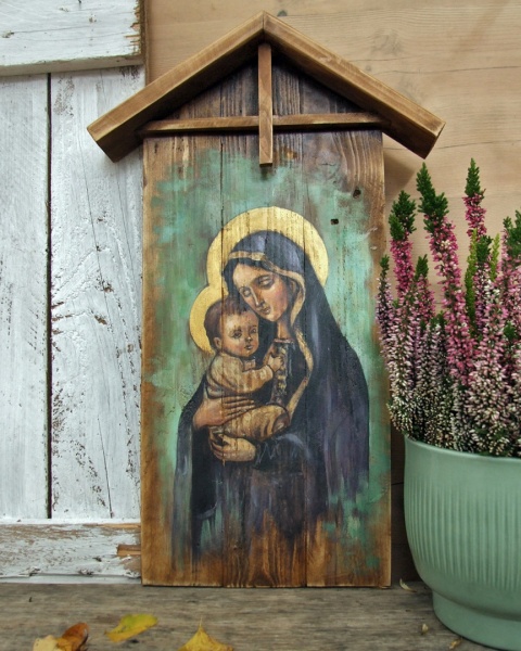 Obraz malowany na starych deskach - Madonna z Dzieciątkiem Obraz malowany na starych deskach - Madonna z Dzieciątkiem