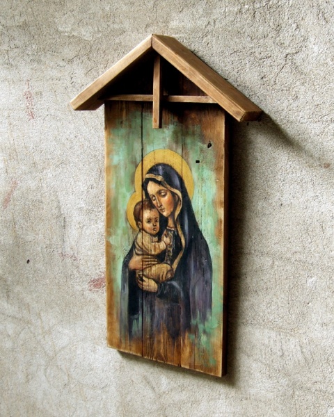 Obraz malowany na starych deskach - Madonna z Dzieciątkiem Obraz malowany na starych deskach - Madonna z Dzieciątkiem