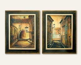 Dyptyk, dwa obrazy olejne w drewnianych ramach - Miejskie Zaułki