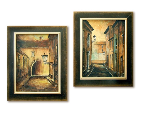 Dyptyk, dwa obrazy olejne w drewnianych ramach - Miejskie Zaułki