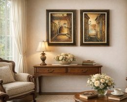 Dyptyk, dwa obrazy olejne w drewnianych ramach - Miejskie Zaułki