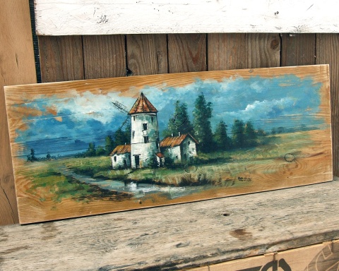 Młynarzówka - pejzaż malowany na starych deskach