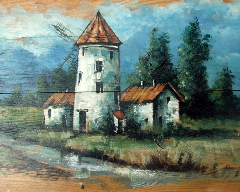 Młynarzówka - pejzaż malowany na starych deskach