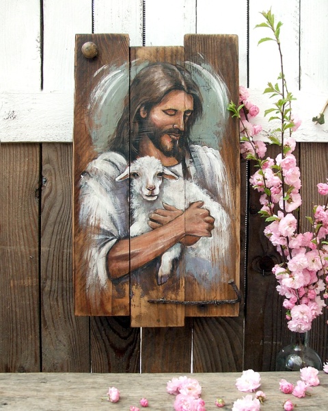Obraz malowany na starych deskach - Pan moim Pasterzem