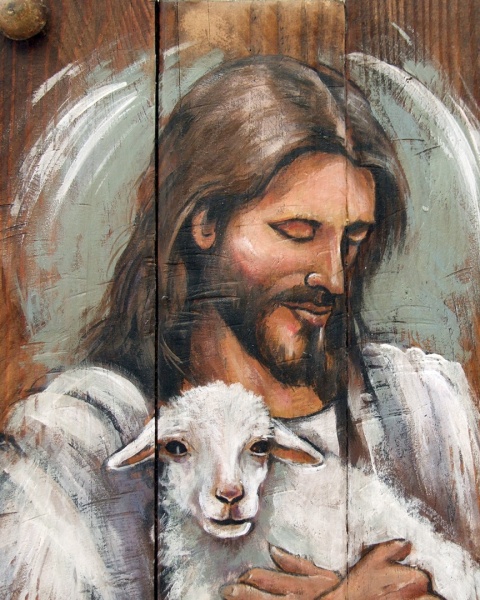 Obraz malowany na starych deskach - Pan moim Pasterzem