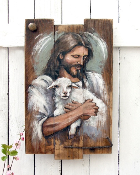 Obraz malowany na starych deskach - Pan moim Pasterzem
