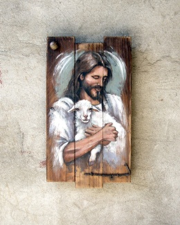 Obraz malowany na starych deskach - Pan moim Pasterzem