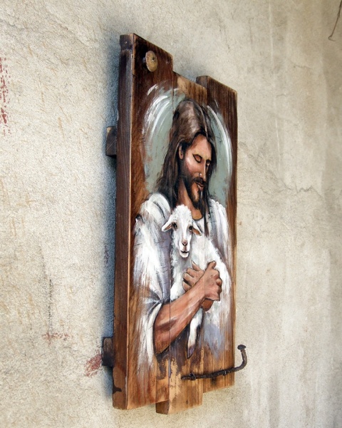 Obraz malowany na starych deskach - Pan moim Pasterzem