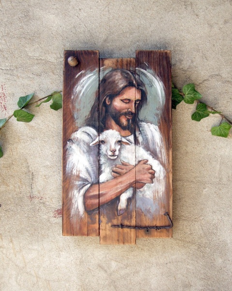 Obraz malowany na starych deskach - Pan moim Pasterzem