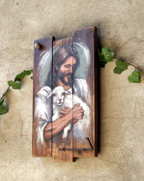 Obraz malowany na starych deskach - Pan moim Pasterzem