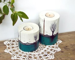 2 drewniane świeczniki, biało-turkusowe