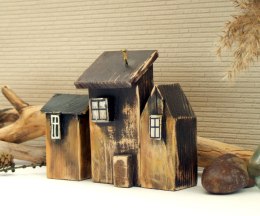Zestaw 3 domków z drewna - brązowe