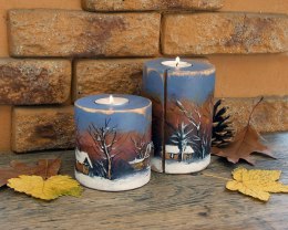 Drewniane świeczniki z zimowym pejzażem