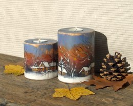 Drewniane świeczniki z zimowym pejzażem
