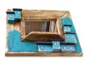 Lustro w drewnianej ramie z domkami - turkusowe