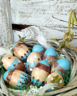 Drewniane pisanki - zestaw 9 jajek, niebiesko-brązowe