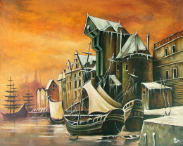 Gdańsk. Port ze starej pocztówki - obraz olejny na płótnie