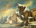 Stary Port nad Motławą, Gdańsk - obraz olejny w drewnianej ramie