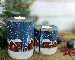 Dwa drewniane świeczniki - Zimowe miasteczko